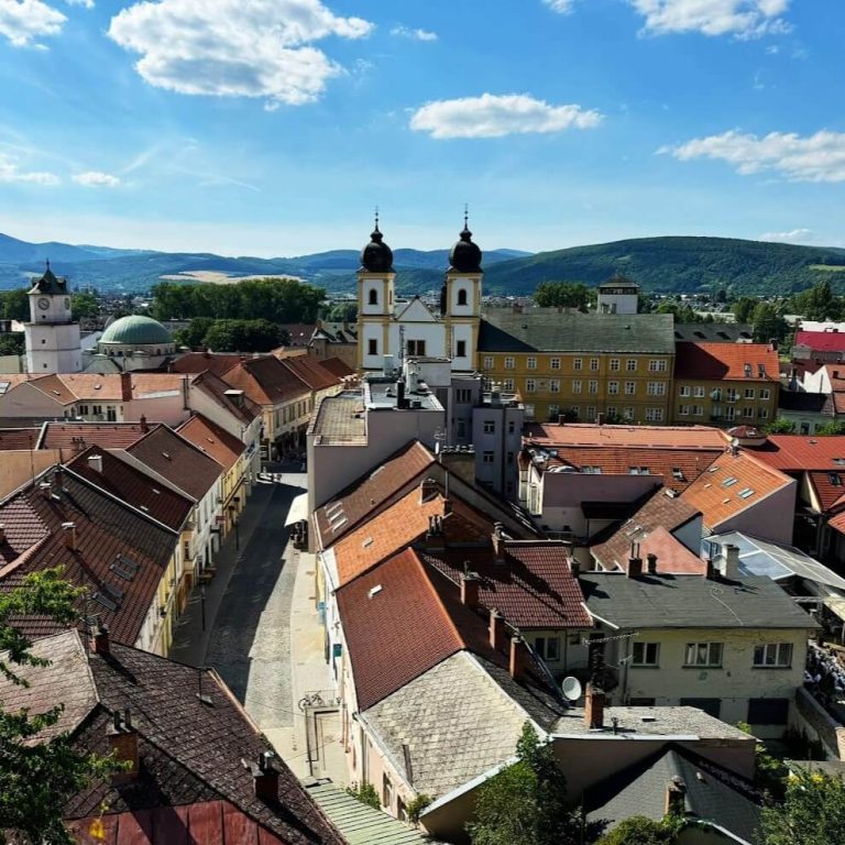 historical city center of Trencin from Castle with Piaristic church as part of day trip to Trencin