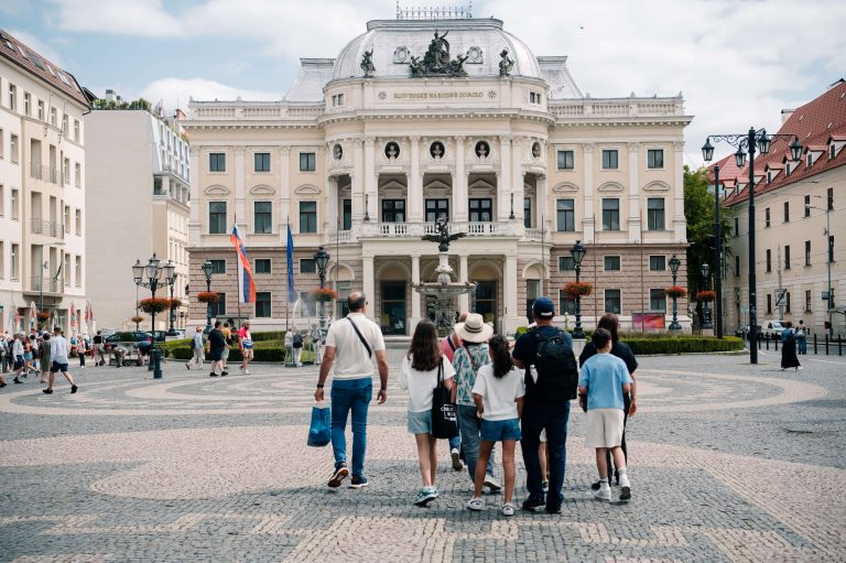 the clients discovering with the guide Bratislava, admiring Bratislava Old Teathre during active school group tour to Slovakia