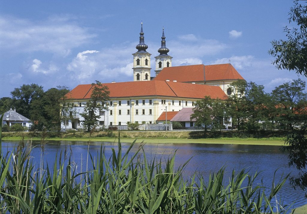 Exteriors of basilica in Sastin with water view 