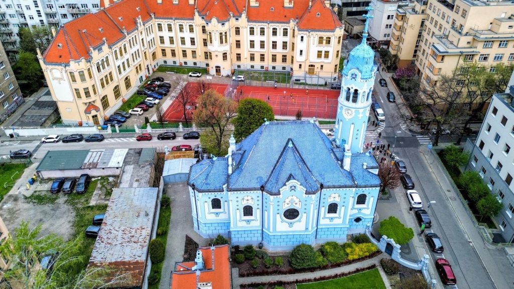 Blue church of Bratislava drone footage