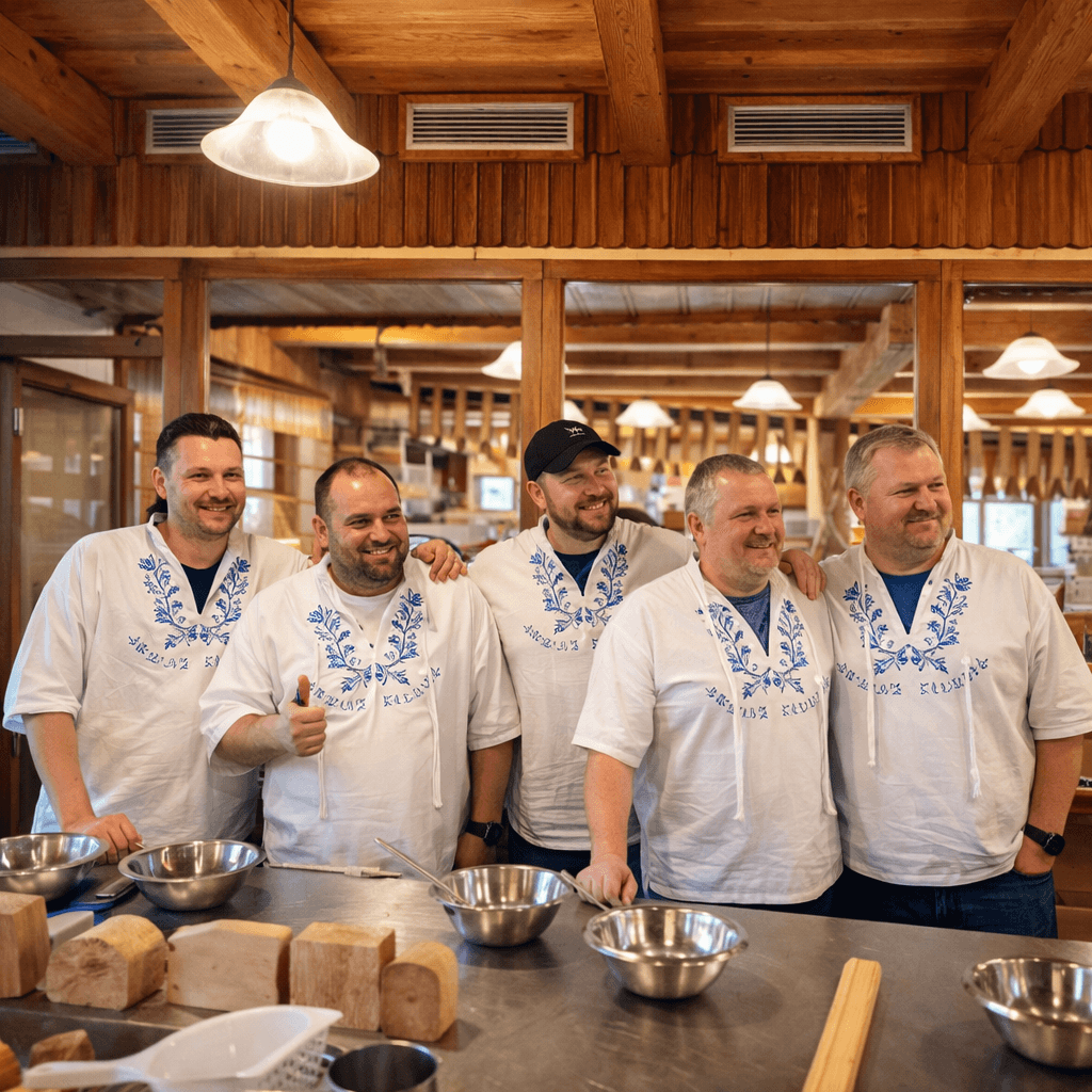 Small group tour in Slovakia – travelers enjoying a traditional Slovak culinary workshop wearing folk-embroidered aprons, gastronomy experience by E-TRAVEL.SK DMC