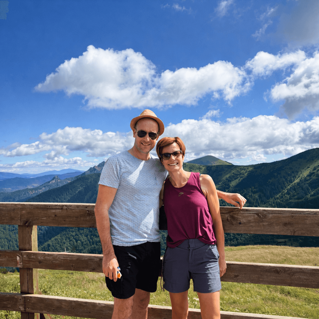 Small group tour in Slovakia – couple enjoying a scenic mountain viewpoint in the Slovak highlands, active trekking holiday by E-TRAVEL.SK DMC