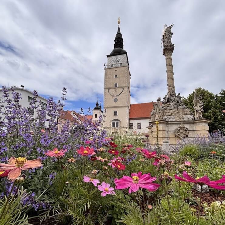Trinity Square Trnava with City Tower and blooming flowers, Little Rome of Slovakia