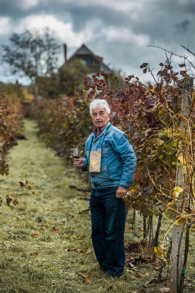 Local winemaker holding a glass of Skalický Rubín red wine in the vineyard — family winery experience in Skalica